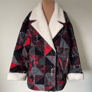 Derek Lam 10 Crosby Hayden Quilted Plaid Patchwork Faux Fur Collar Coat NWT XL